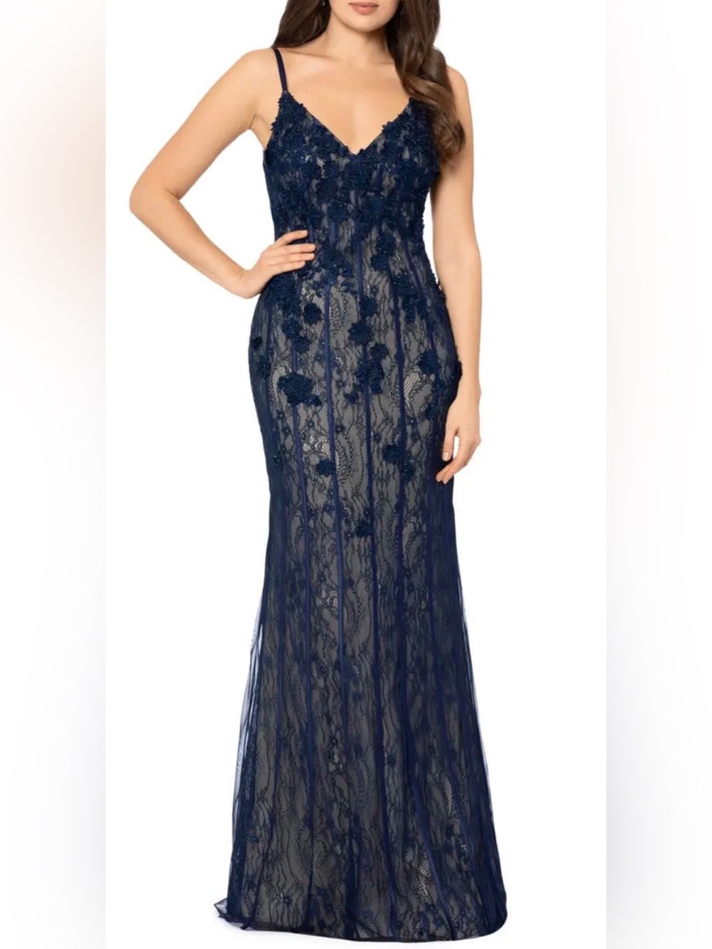 Xscape Navy Blue Lace Floral Wedding Gown